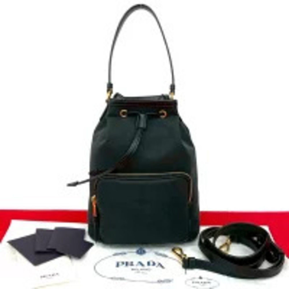 PRADA Logo Canvas Leather Drawstring Handbag Shoulder Black